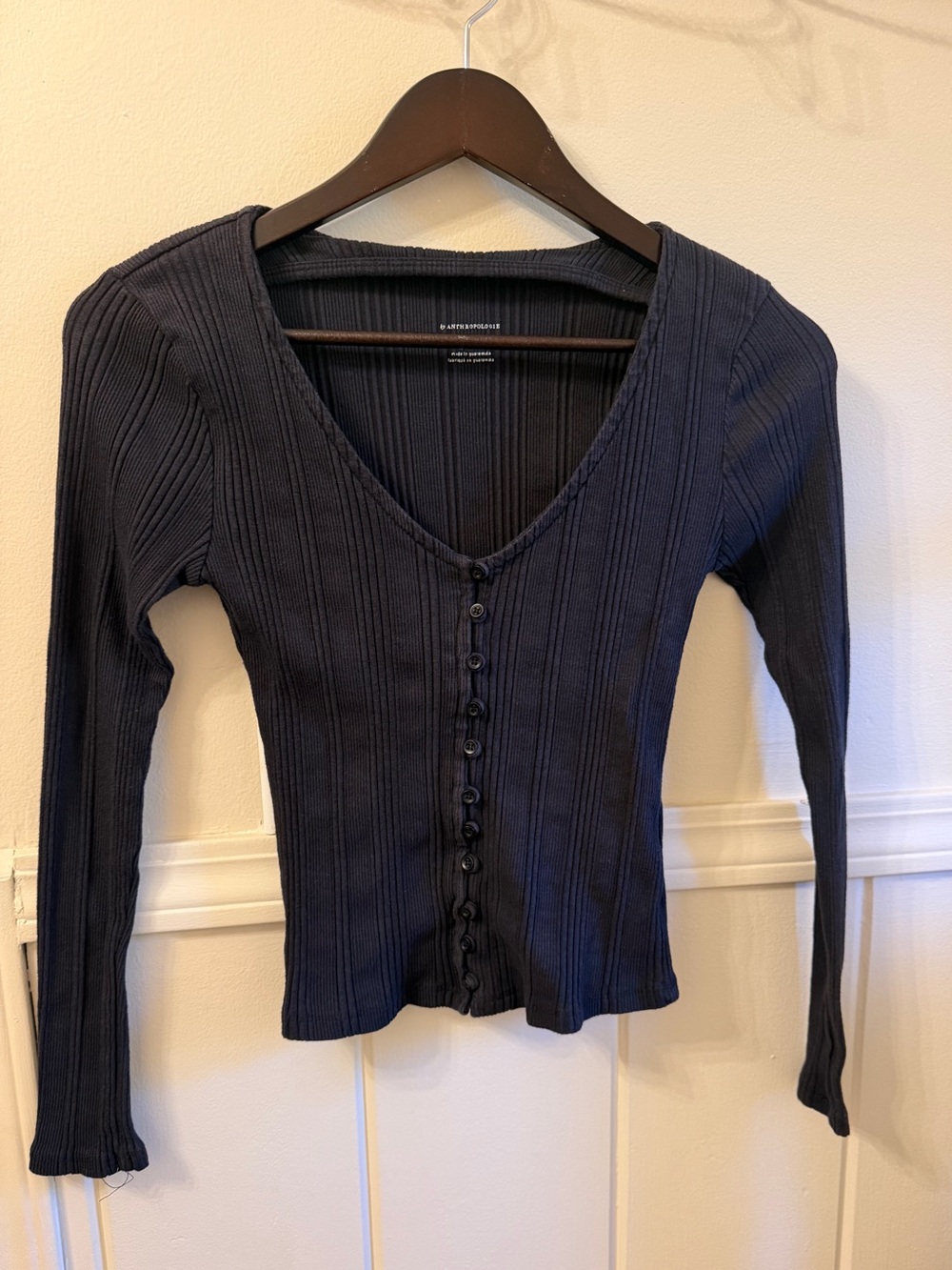By Anthropologie Black Ribbed Button Front Top XS
